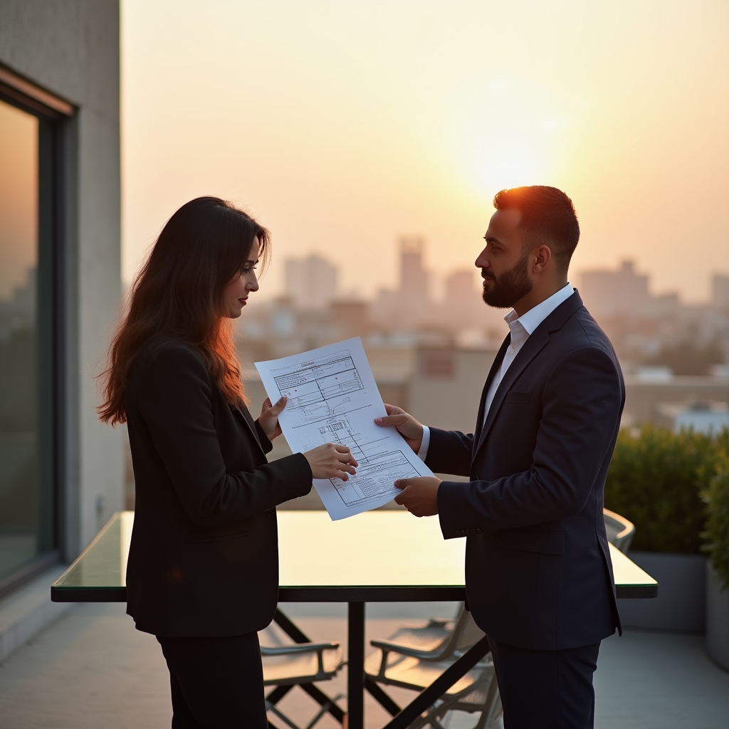 Consultores revisando un modelo de negocio replicable en una terraza de trabajo